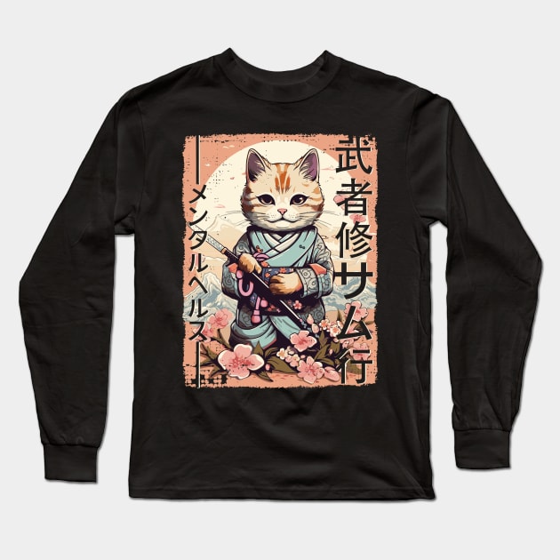 Samurai Cat Warrior Japanese Ninja Kitty Kawaii Long Sleeve T-Shirt by rhazi mode plagget